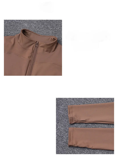 Brown polyester fitted sport jacket with a zip closure and long sleeves for gym training and yoga.