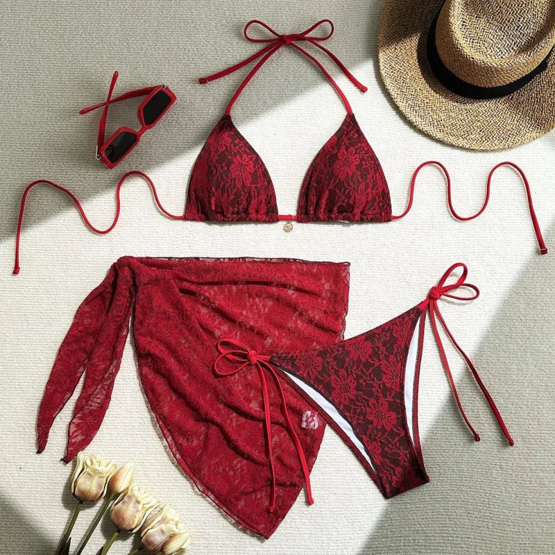 Women's Lace Detail Bikini Set with Removable Padding and Low-Rise Bottoms