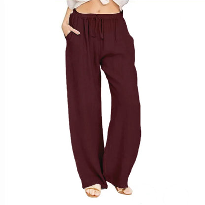 Women's wide-leg cotton-linen pants with drawstring waist
