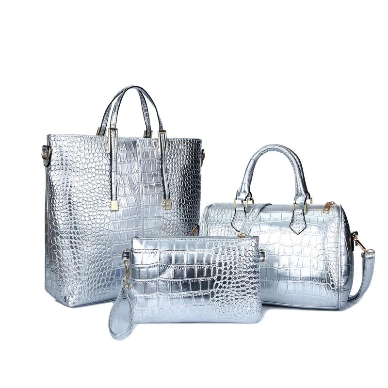 Women's three-piece crocodile-embossed handbag set