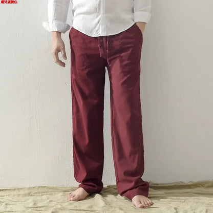 Men's Linen Pants With Wide Leg And Loose Fit With Drawstring Waist For Lightweight Breathable Comfort