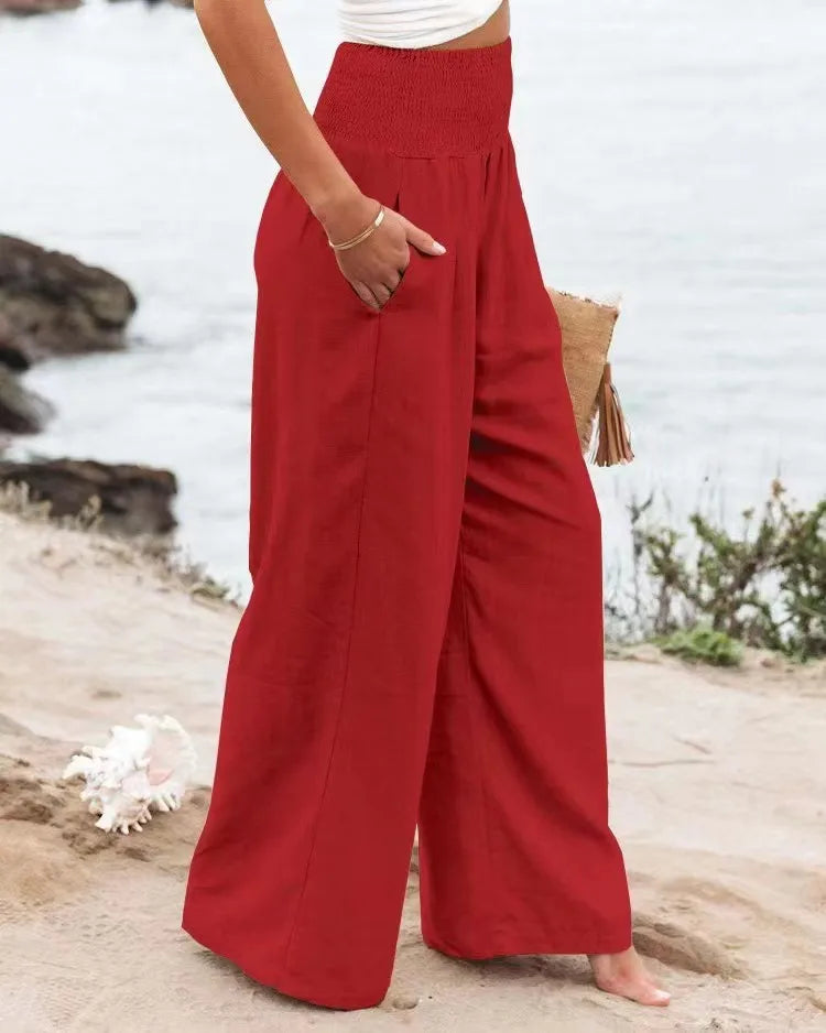 Women's Nylon-Cotton Blend Pants With Drawstring Wide-Leg And Mid Rise Breathable