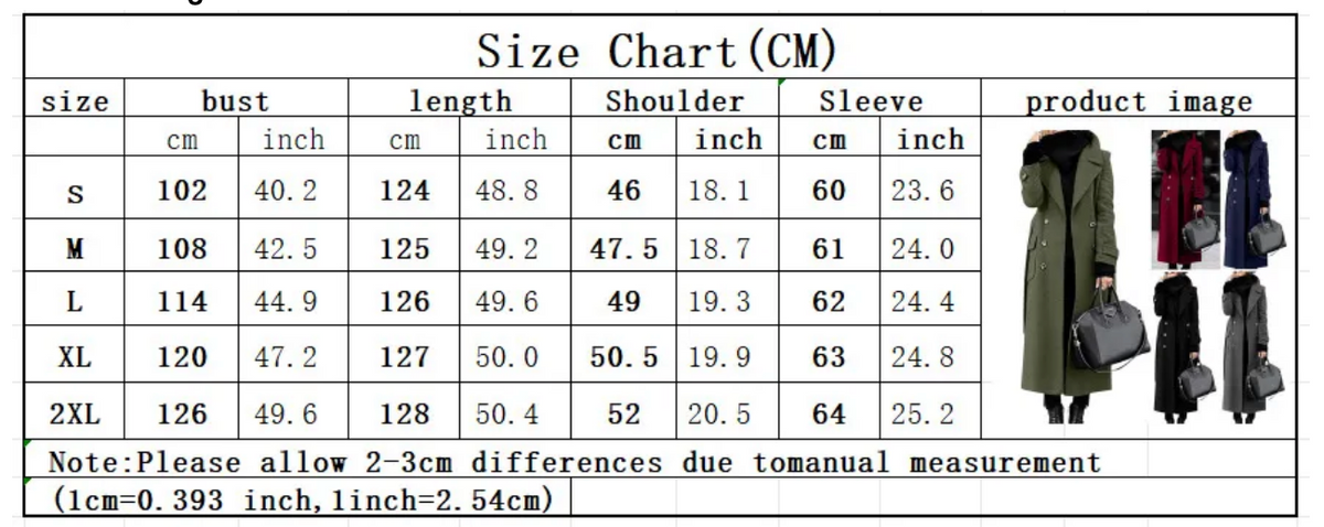 Women's long coat size chart with bust length shoulder and sleeve measurements in centimeters and inches