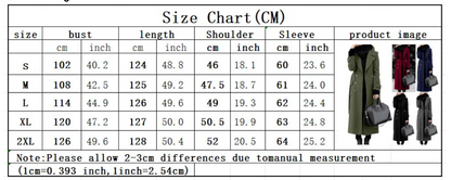 Women's long coat size chart with bust length shoulder and sleeve measurements in centimeters and inches