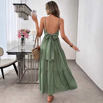 Flowy Dress With Silk Spaghetti Straps And Tiered Bow Waist For Women Ideal Beach Party Outfit