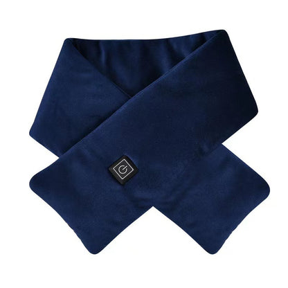 Heated neck scarf with power button tag, flat lay view