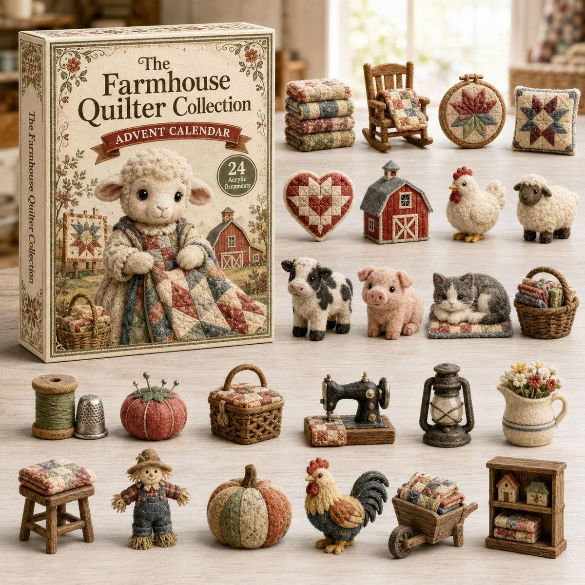 Advent calendar box with 24 miniature farmhouse quilted ornaments displayed on a table.