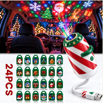 Christmas car projector projecting Santa and holiday patterns onto a car roof, with twenty-four slide cartridges.