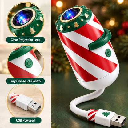 Candy cane patterned Christmas projector with flexible USB cable and feature callouts.
