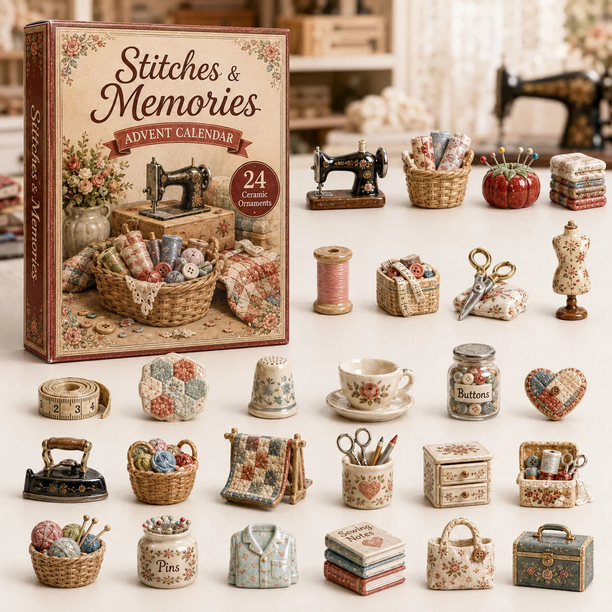 Advent calendar box next to twenty-four miniature ceramic sewing and quilting ornaments.