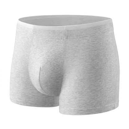 Light grey heathered cotton boxer briefs with a textured white elastic waistband and contoured pouch.