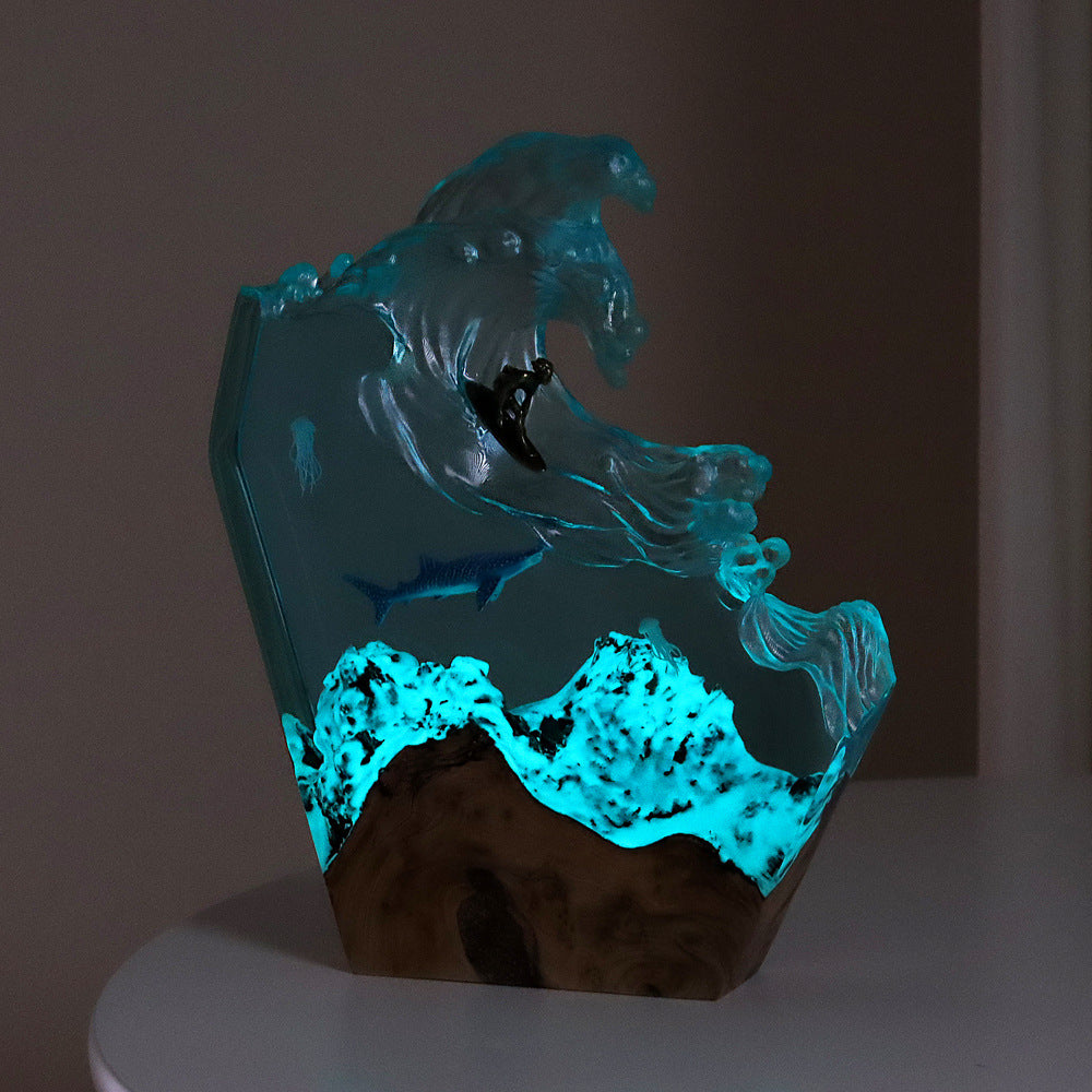 Ambient Fish Tank Desk Lamp with Solid Wood and Resin Cylinder Creates Warm Ambient Glow for Modern Home Office