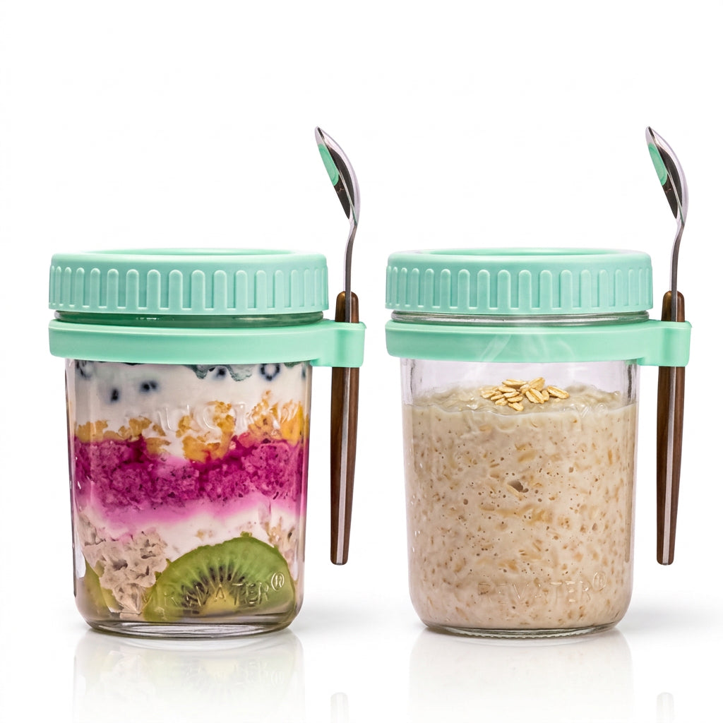 Two glass overnight oats jars with mint green lids and attached spoons, one layered with fruit and one filled with oats.