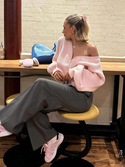 Lantern Sleeve Knit Sweater Top With Soft Pink Draping For Women Flowy