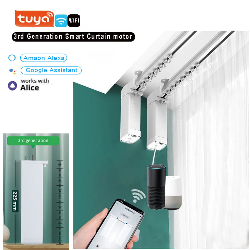 Smart curtain motor mounted on a track with app and voice assistant integration