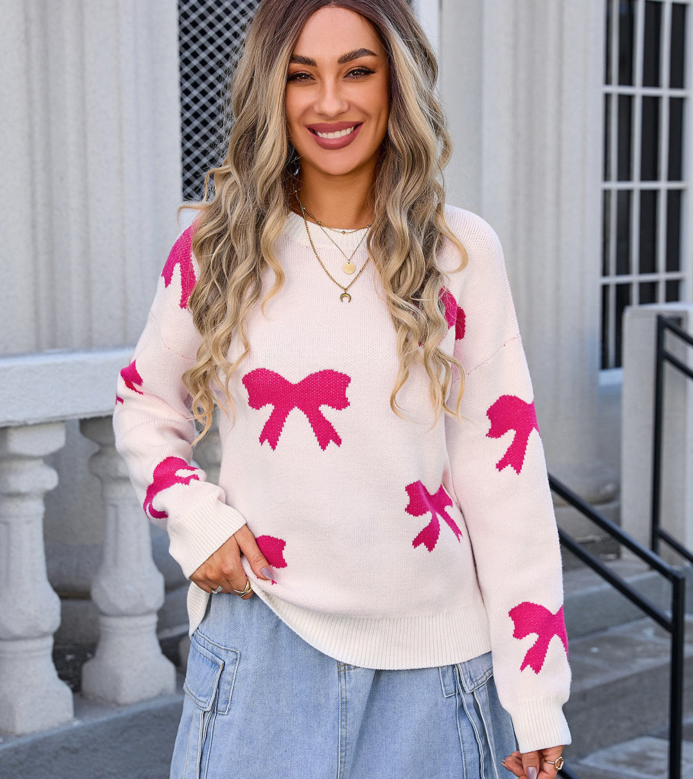 Warm Pullover with Jacquard Knit Bow Detail for Women with Draped Fit