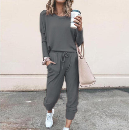 Women’s Casual Chic Lounge Set – Long Sleeve Pullover Top & Drawstring Pants with Pockets – Effortless Style & Comfort”