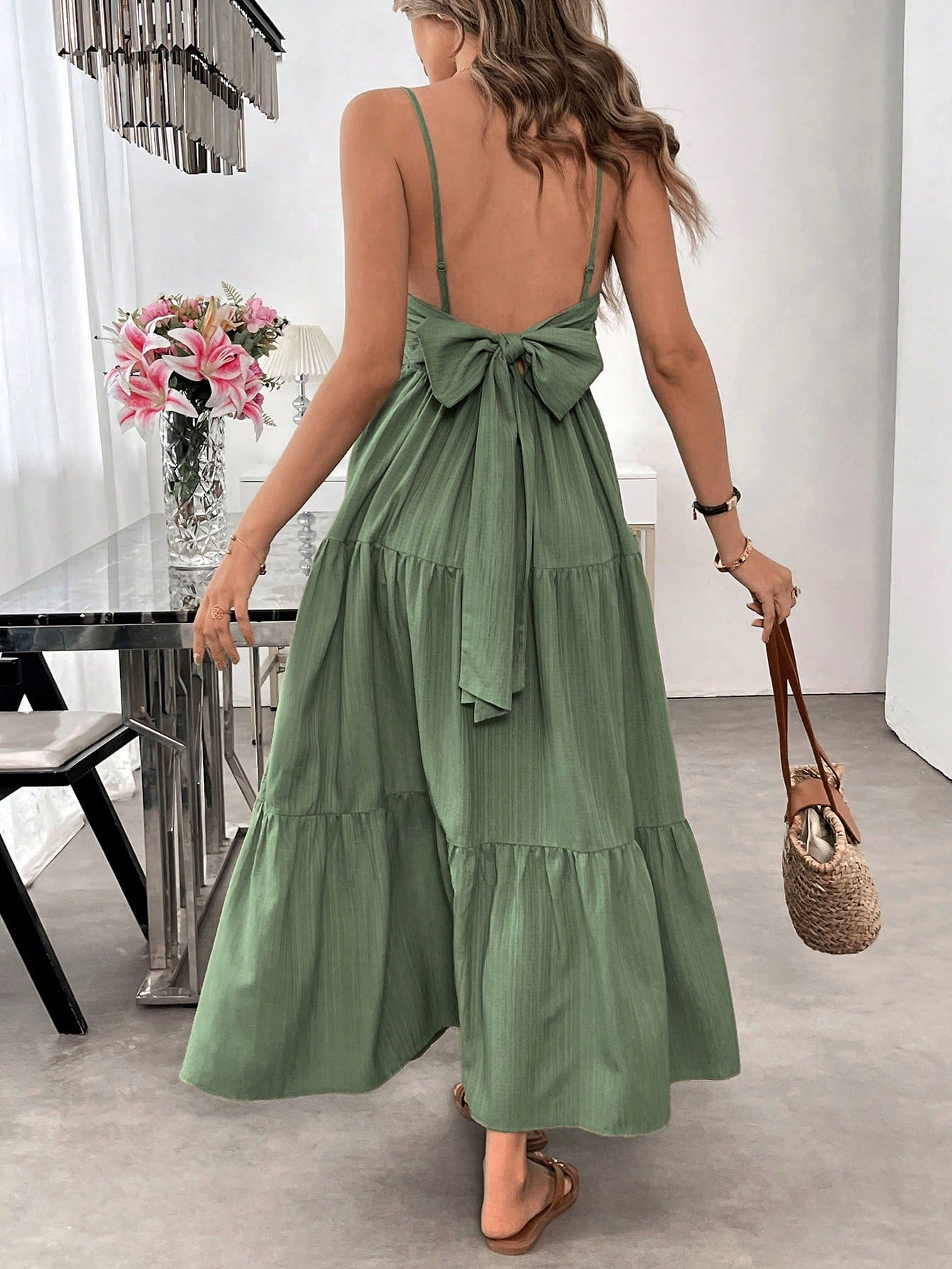 Flowy Dress With Silk Spaghetti Straps And Tiered Bow Waist For Women Ideal Beach Party Outfit