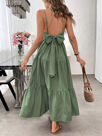 Flowy Dress With Silk Spaghetti Straps And Tiered Bow Waist For Women Ideal Beach Party Outfit