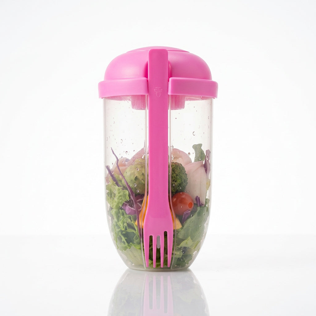Pink salad cup container filled with greens, tomatoes, and vegetables, featuring a matching pink lid and attached fork.