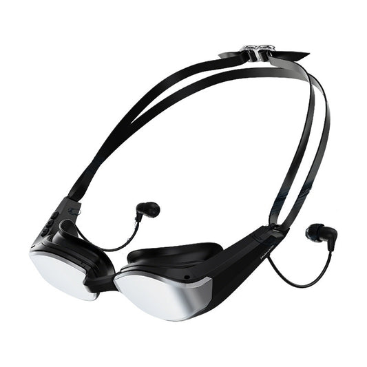 Black swim goggles with silver lenses, dual straps, and attached waterproof earphones.