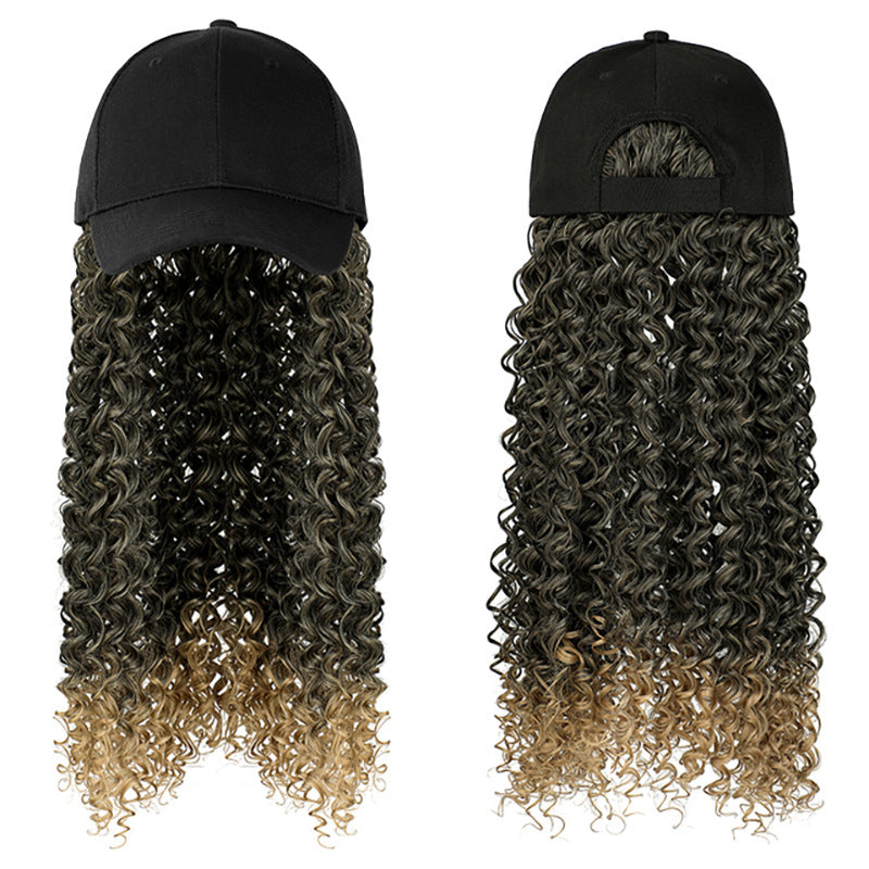 Front and back views of a black baseball cap with attached long curly ombre hair.