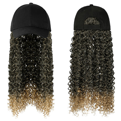Front and back views of a black baseball cap with attached long curly ombre hair.