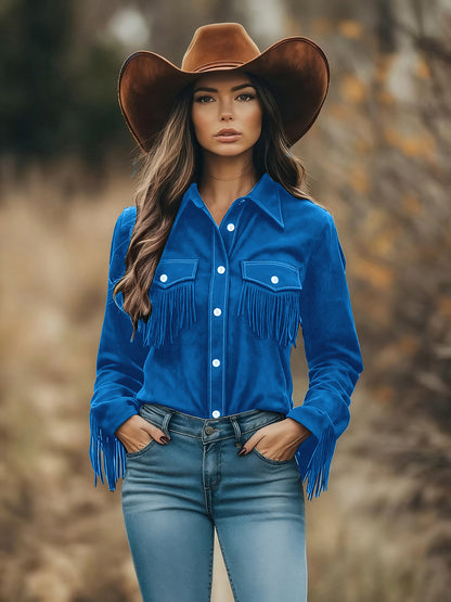 Western Style Top with Textured Panels and Tassel Details