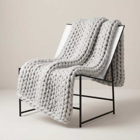 Chunky knit throw blanket draped over a modern chair outdoors