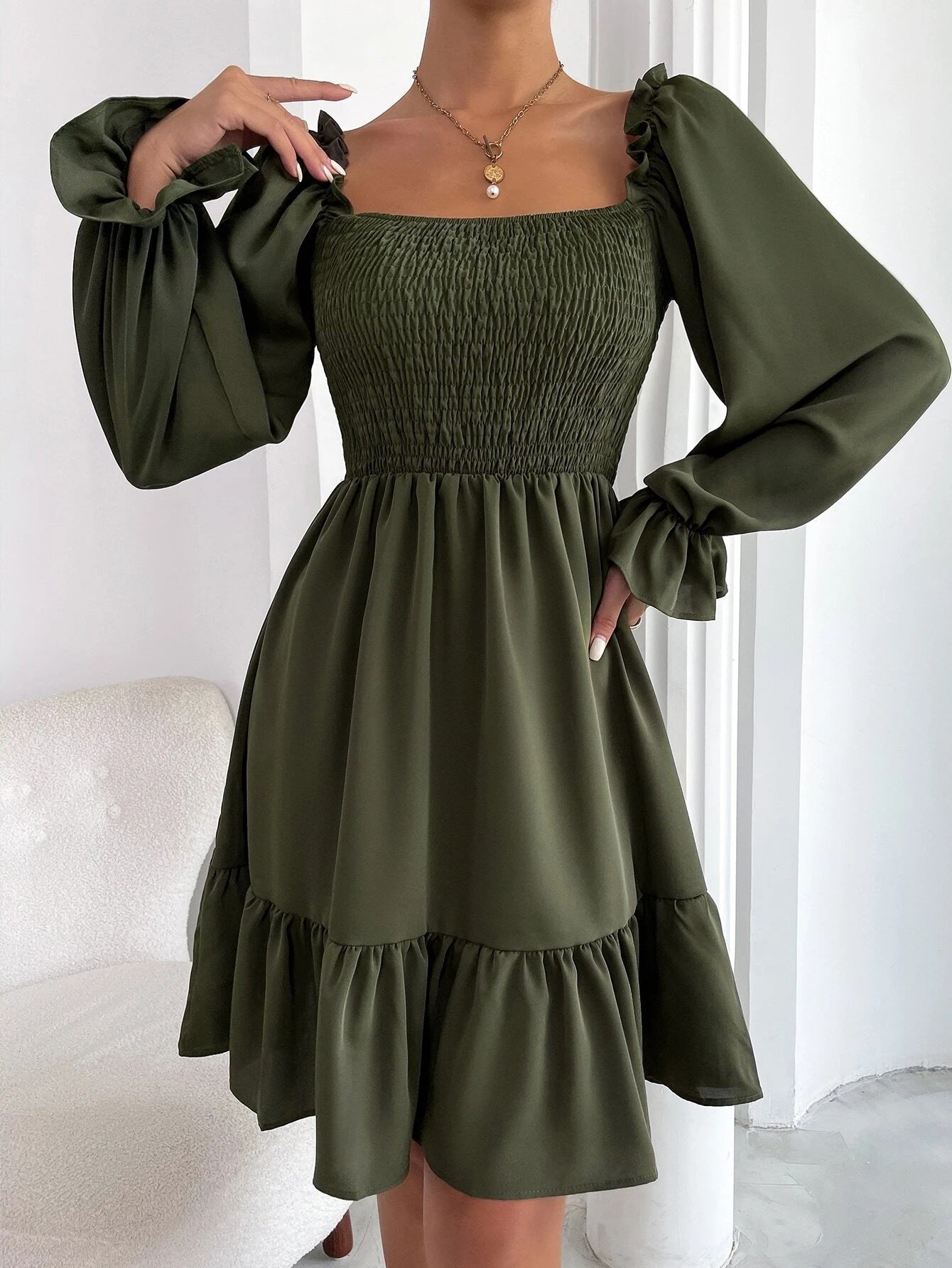 Flared Dress with Square Neckline and Swing Silhouette for Versatile Day Night Wear