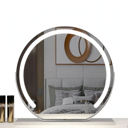 Round tabletop vanity mirror with an illuminated LED border, standing on a rectangular base.