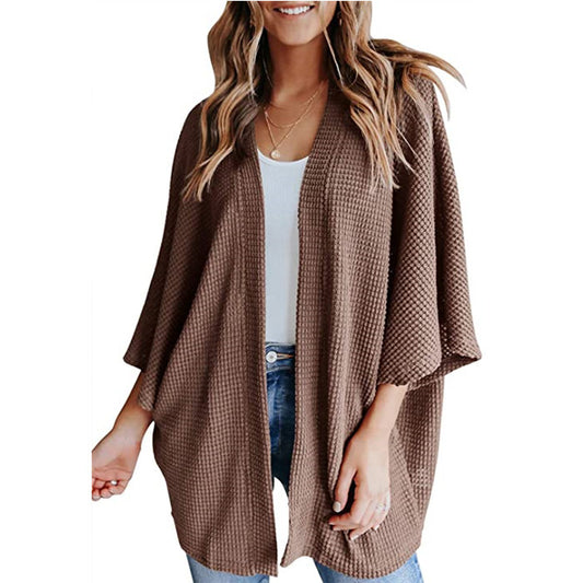 Waffle-knit batwing cardigan, detail view