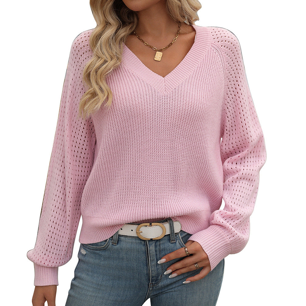 Hollow-Out Sweater with V-Neck and Wool Blend