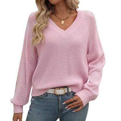 Hollow-Out Sweater with V-Neck and Wool Blend