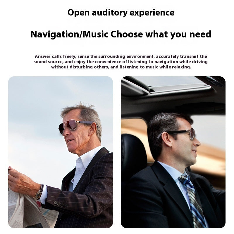 Black polarized smart wearables with thin metal frames for travel and audio navigation while driving.