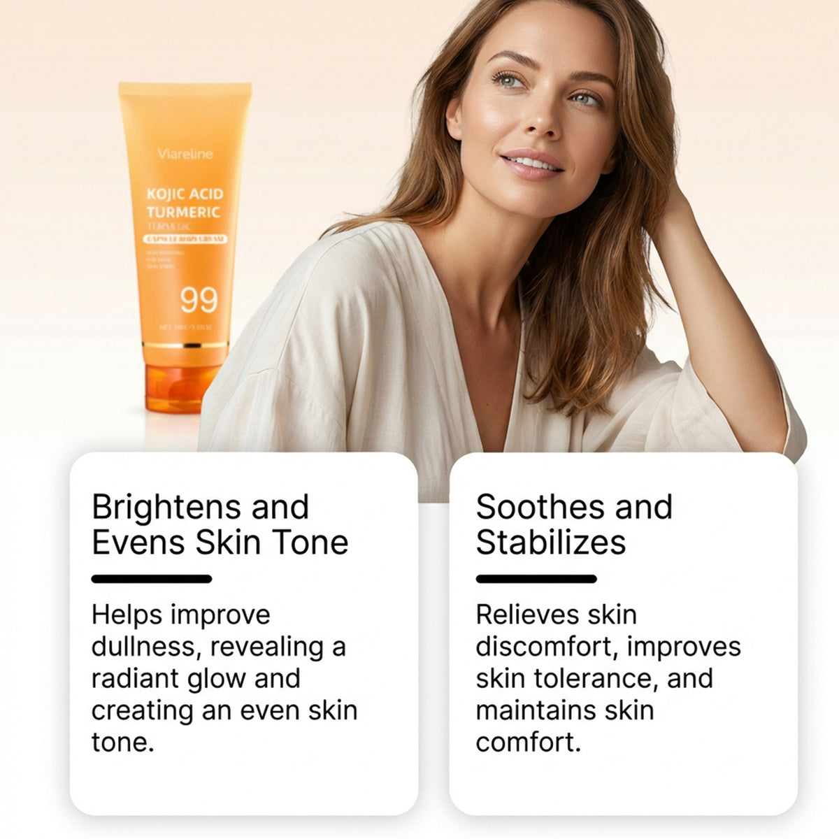 Orange body cream tube beside a smiling woman and two text boxes detailing skin benefits.