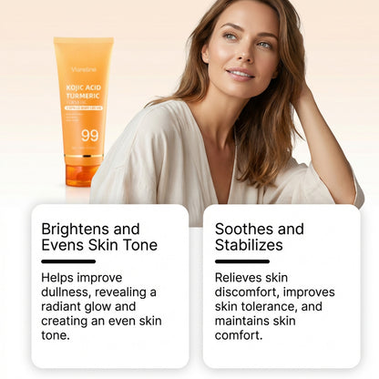 Orange body cream tube beside a smiling woman and two text boxes detailing skin benefits.