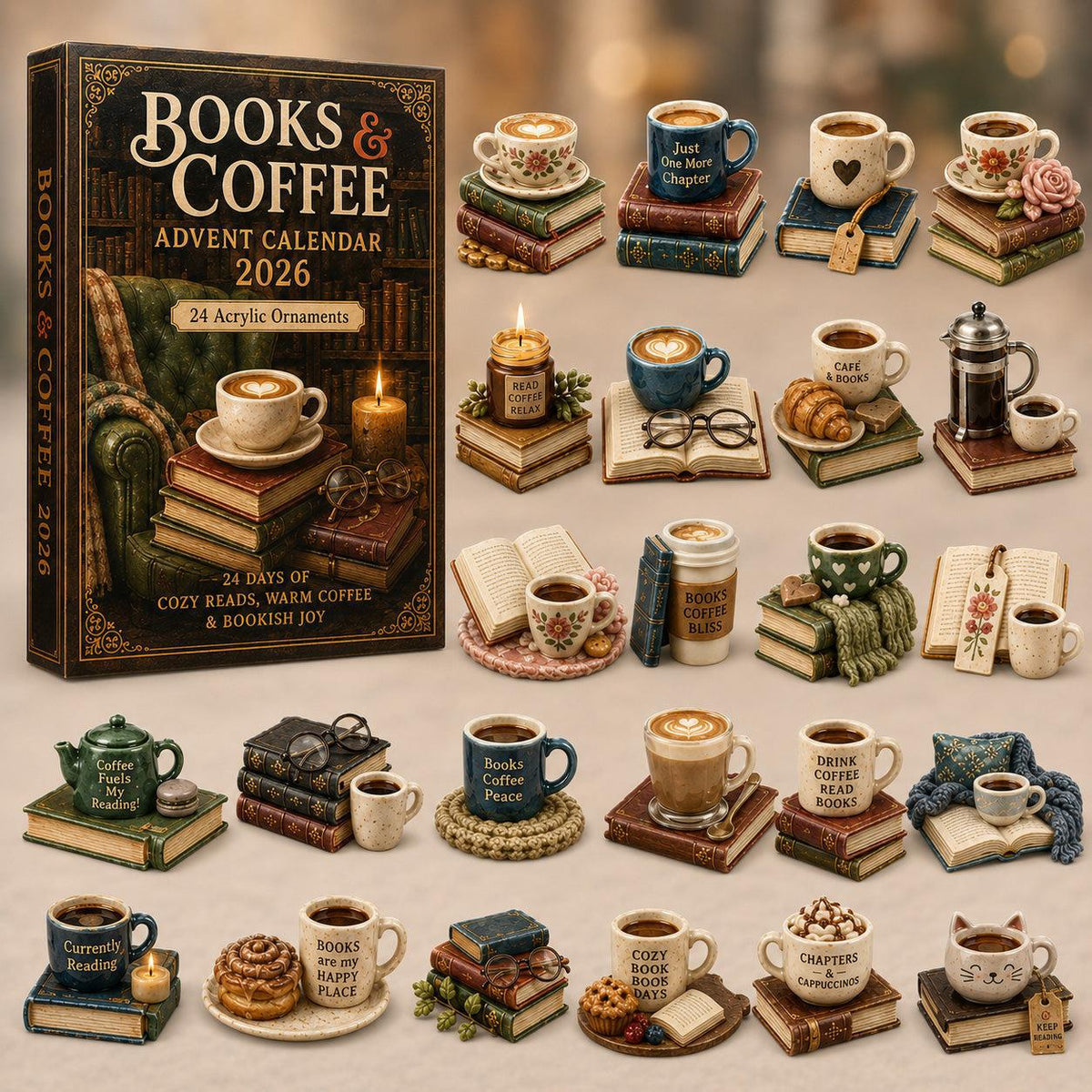 Books and coffee themed advent calendar box displayed with twenty-two miniature book and coffee cup figurines.