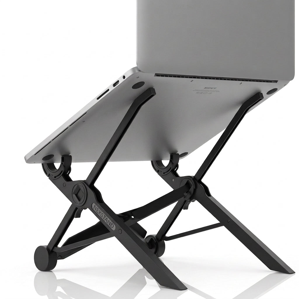 Black foldable laptop stand supporting a silver laptop from underneath.