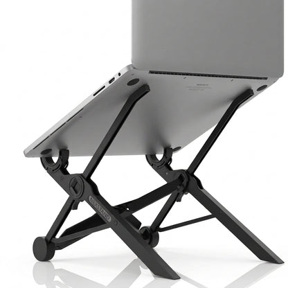 Black foldable laptop stand supporting a silver laptop from underneath.