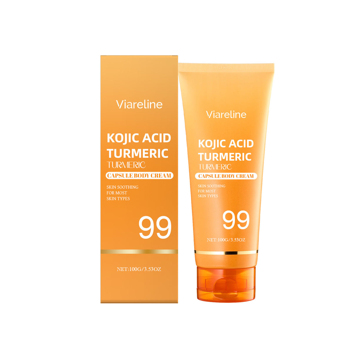 Orange body cream tube and matching retail box with kojic acid and turmeric text.