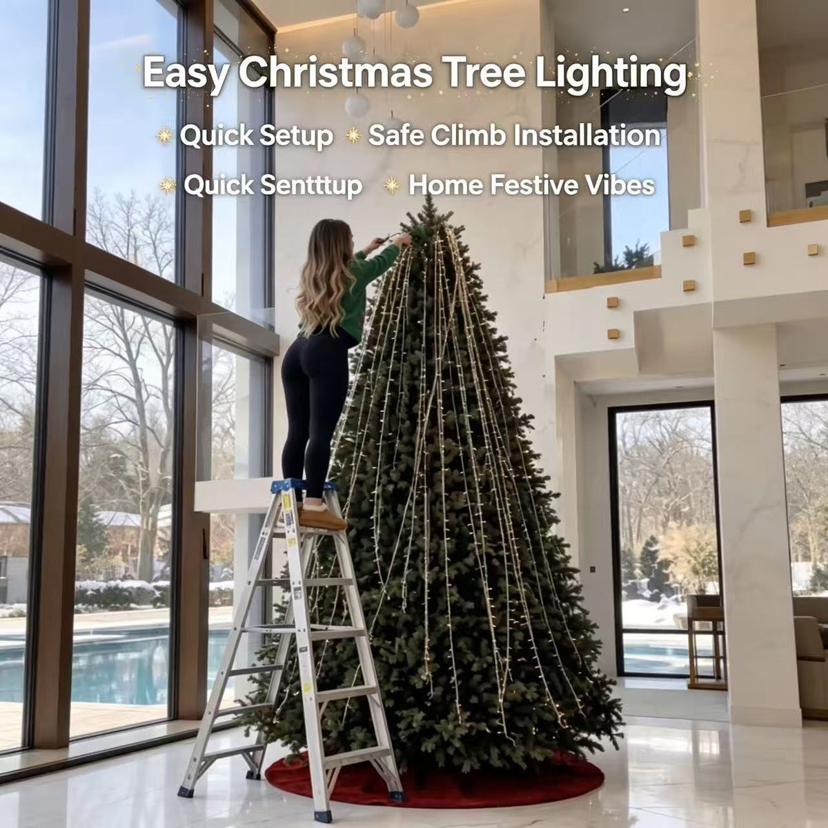 A person on a ladder drapes vertical string lights over a tall Christmas tree indoors.