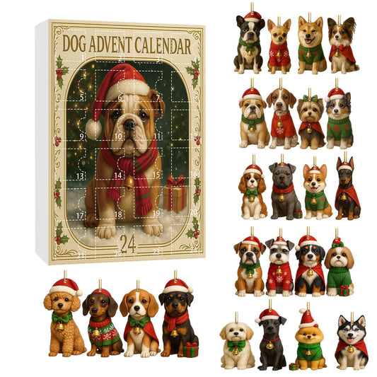 Dog advent calendar box with twenty-four hanging acrylic puppy ornaments in festive outfits.