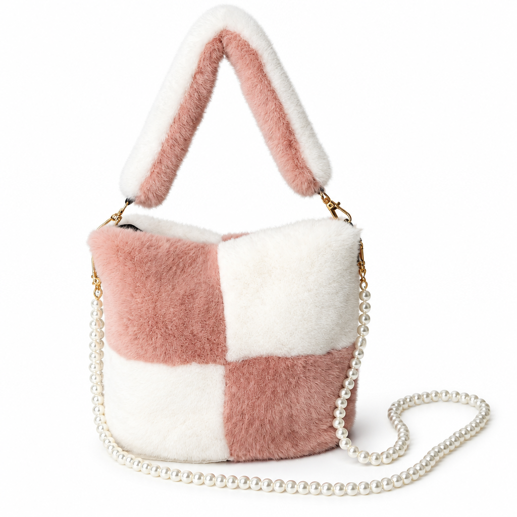Pink and white faux fur bucket bag with a pearl chain strap