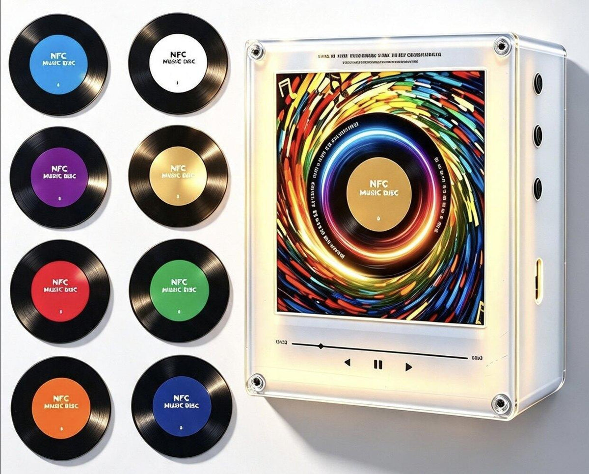 White music player with a colorful swirling display beside round NFC music discs with colored labels.