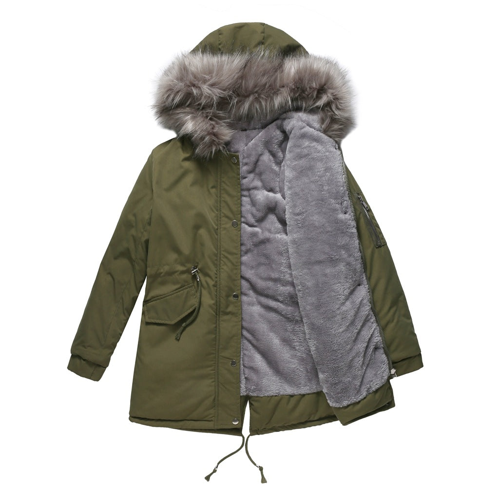 Olive green mid-length hooded parka coat with gray faux fur lining and trim.
