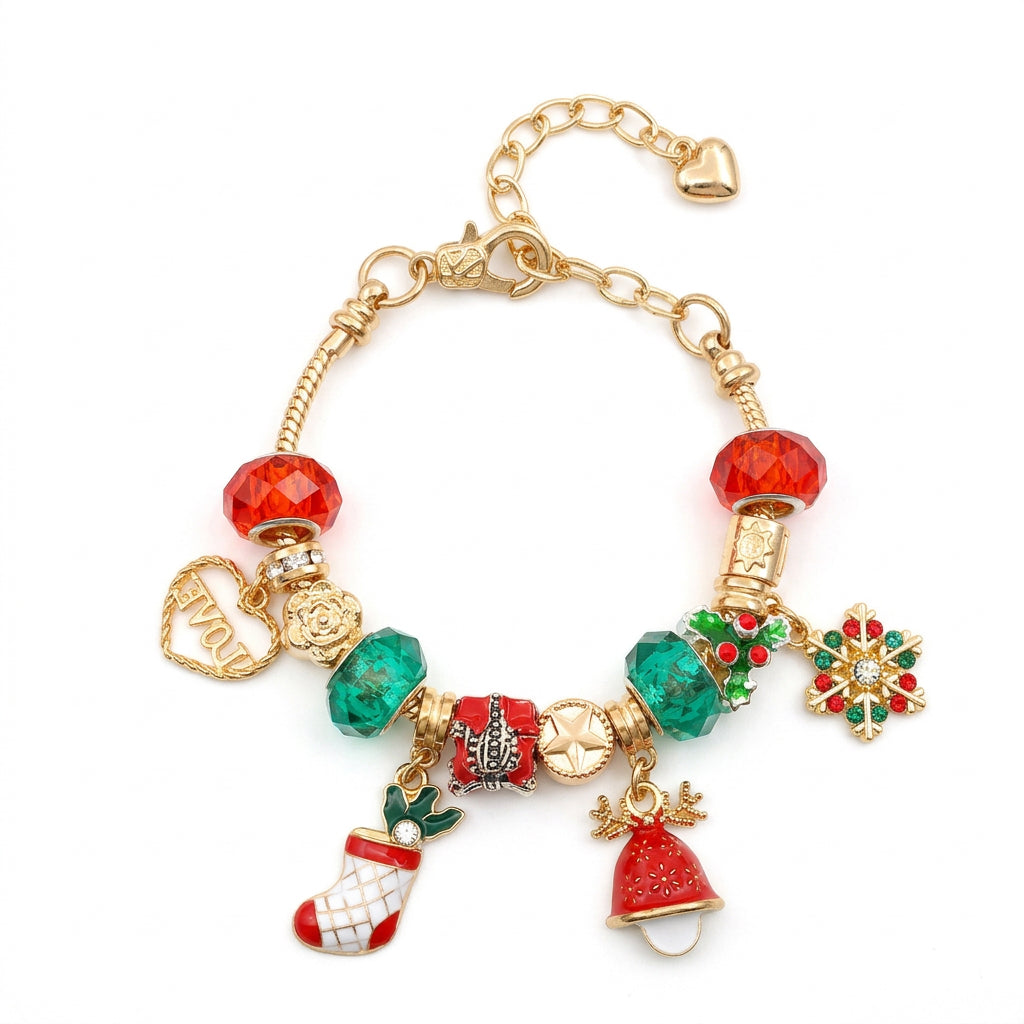 Gold charm bracelet with red and green beads, a snowflake charm, Christmas stocking charm, and a red bell pendant.