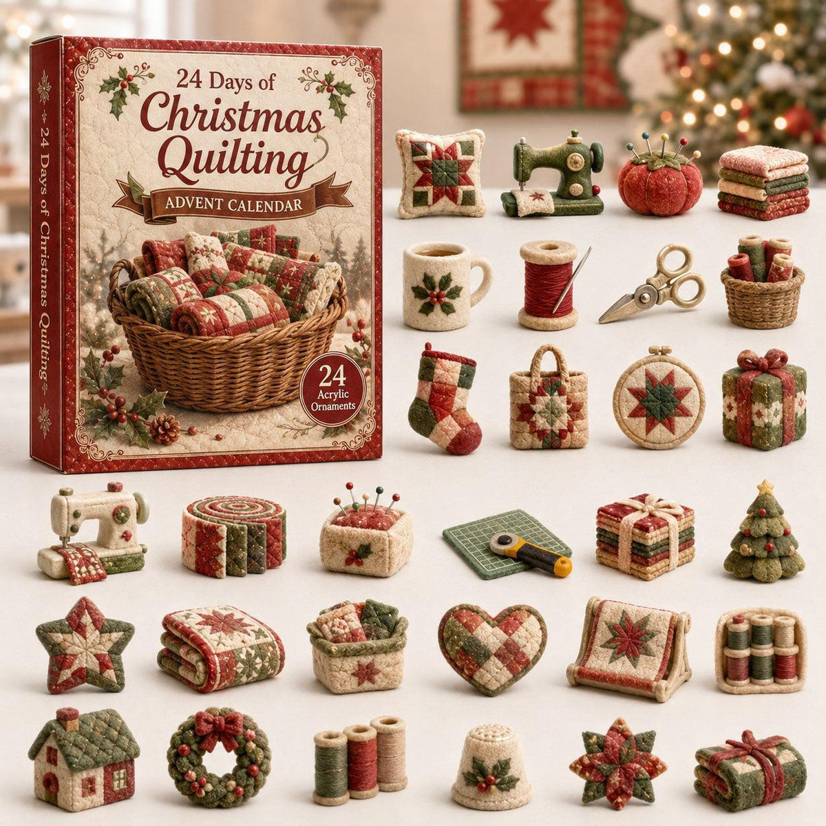 Christmas quilting advent calendar box with twenty-four miniature acrylic ornaments arranged around it.