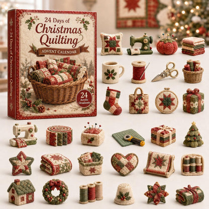 Christmas quilting advent calendar box with twenty-four miniature acrylic ornaments arranged around it.