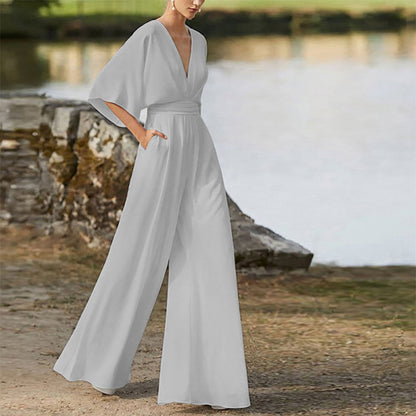 Wireless Jumpsuit with Deep V-Neck and High Waist for Women